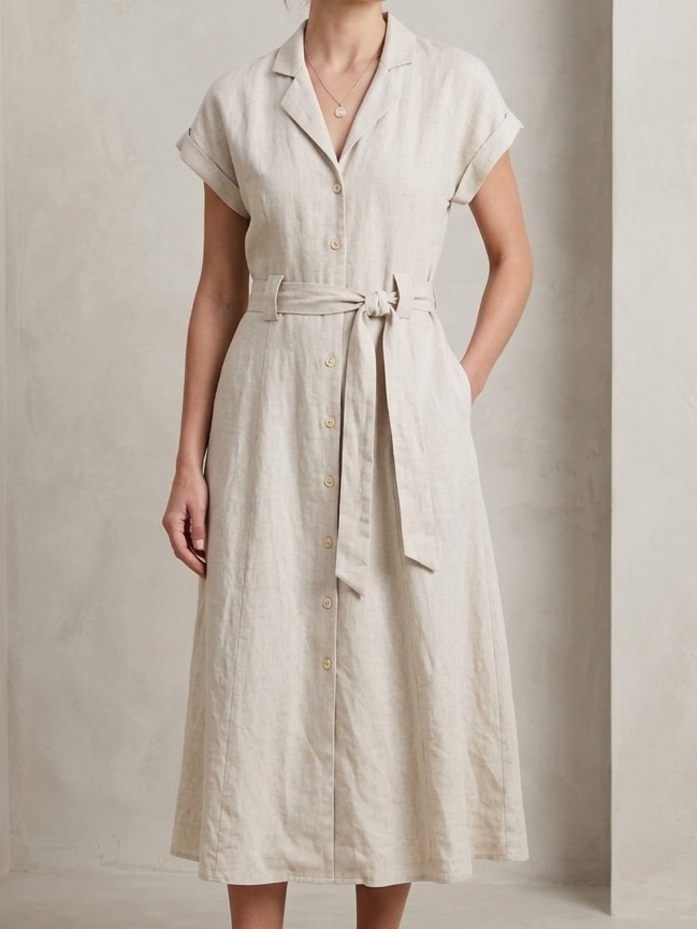 Button-Front Tie-Waist Linen Midi Dress in Beige